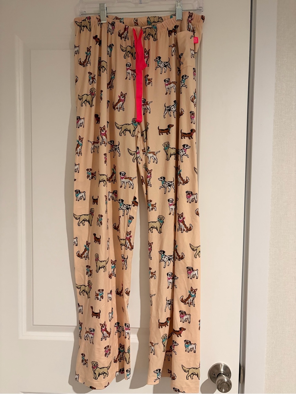 Women’s Beige Dog Print Lounge Pants with Pink Drawstring